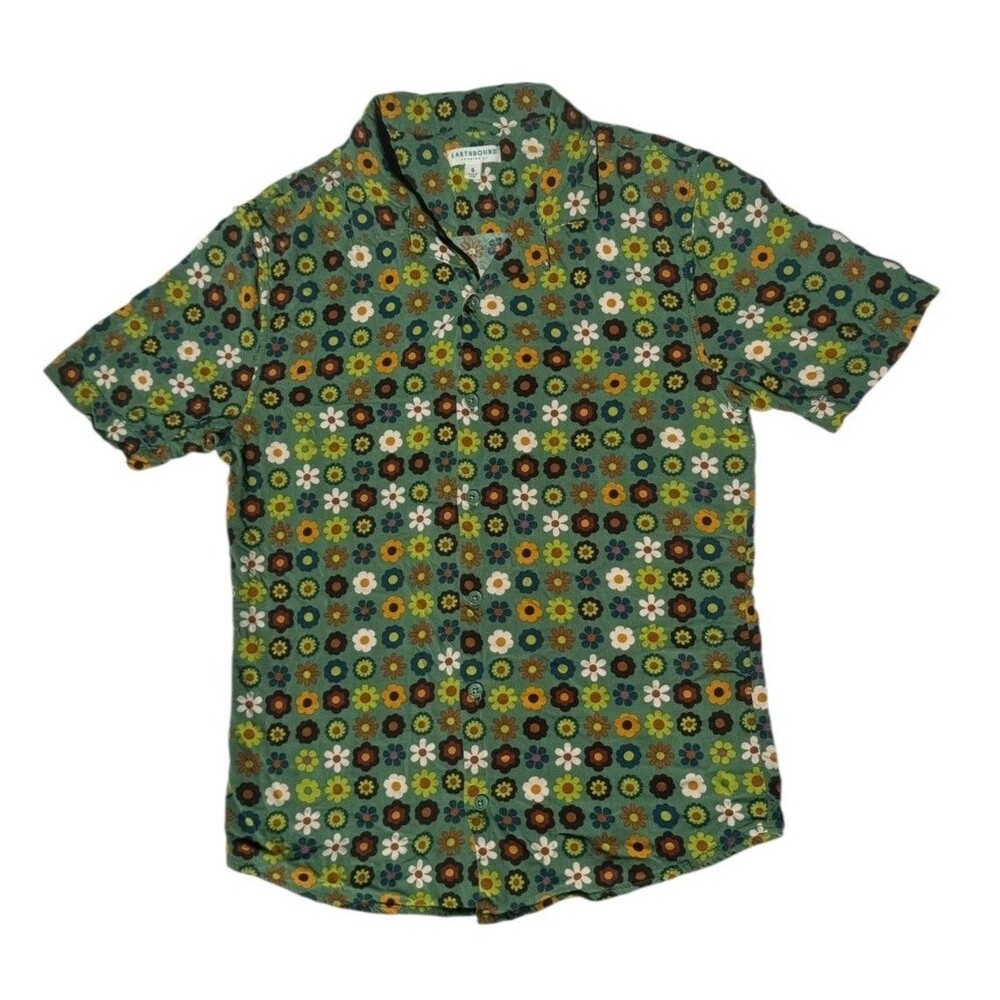 Earthbound Mini Flower Camp Button Front Short Sleeve Shirt Green Multi Sz Small
